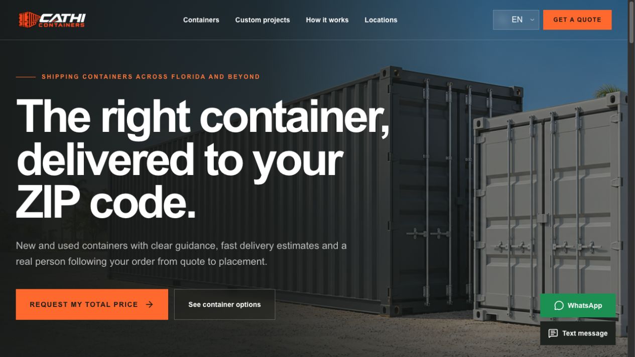 Site público CATHI Containers, com catálogo de containers e solicitação de orçamento